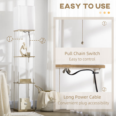 HOMCOM Modern Floor Lamp with Shelves, 3 Layer Shelf Tall Standing Lamp with Fabric Lampshade, Pull Chain Switch for Living Room, Bedroom, Bulb not Included, White 