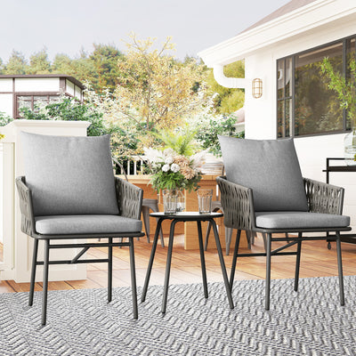 Outsunny 3-Piece Rattan Bistro Set, Garden Table and Chairs with 4 Cushions, Patio Rattan Conversation Furniture Set for Balcony, Porch, Terrace, Grey 