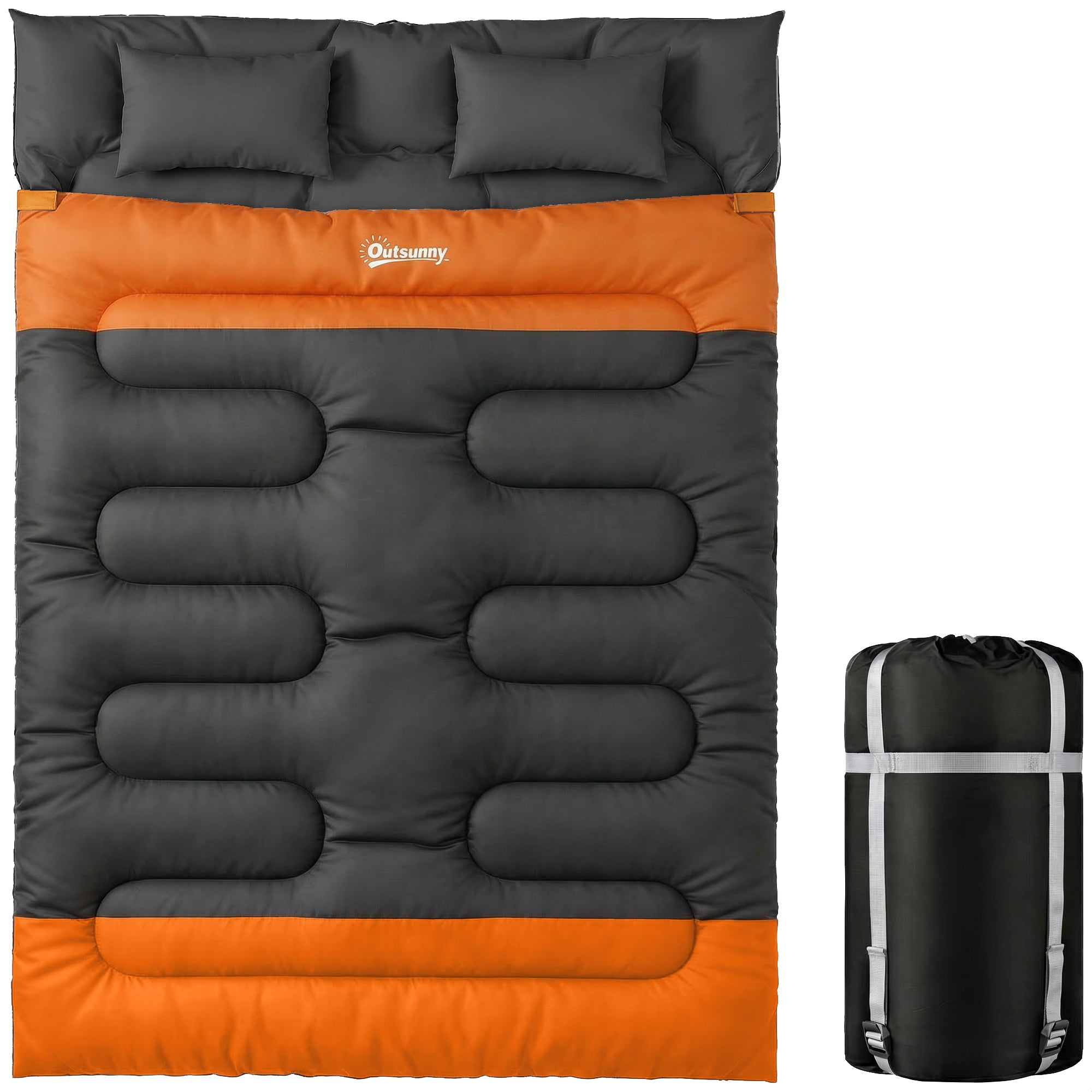 Outsunny Double Sleeping Bag with 2 Pillows, 220 x 160 cm Extra-Large Sleeping Bag for Adults, Grey and Orange 