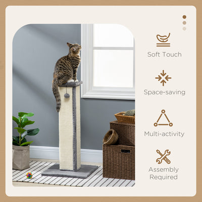 PawHut 81cm Cat Scratcher, Vertical Full Scratcher w/ Natural Sisal Rope, Hanging Ball, Soft Plush - Grey 