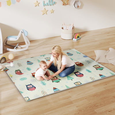 AIYAPLAY Foldable Baby Plat Mat Double Sided, Kids Floor Mat for Crawling, 200L x 150W cm, Car track and Owl Theme 