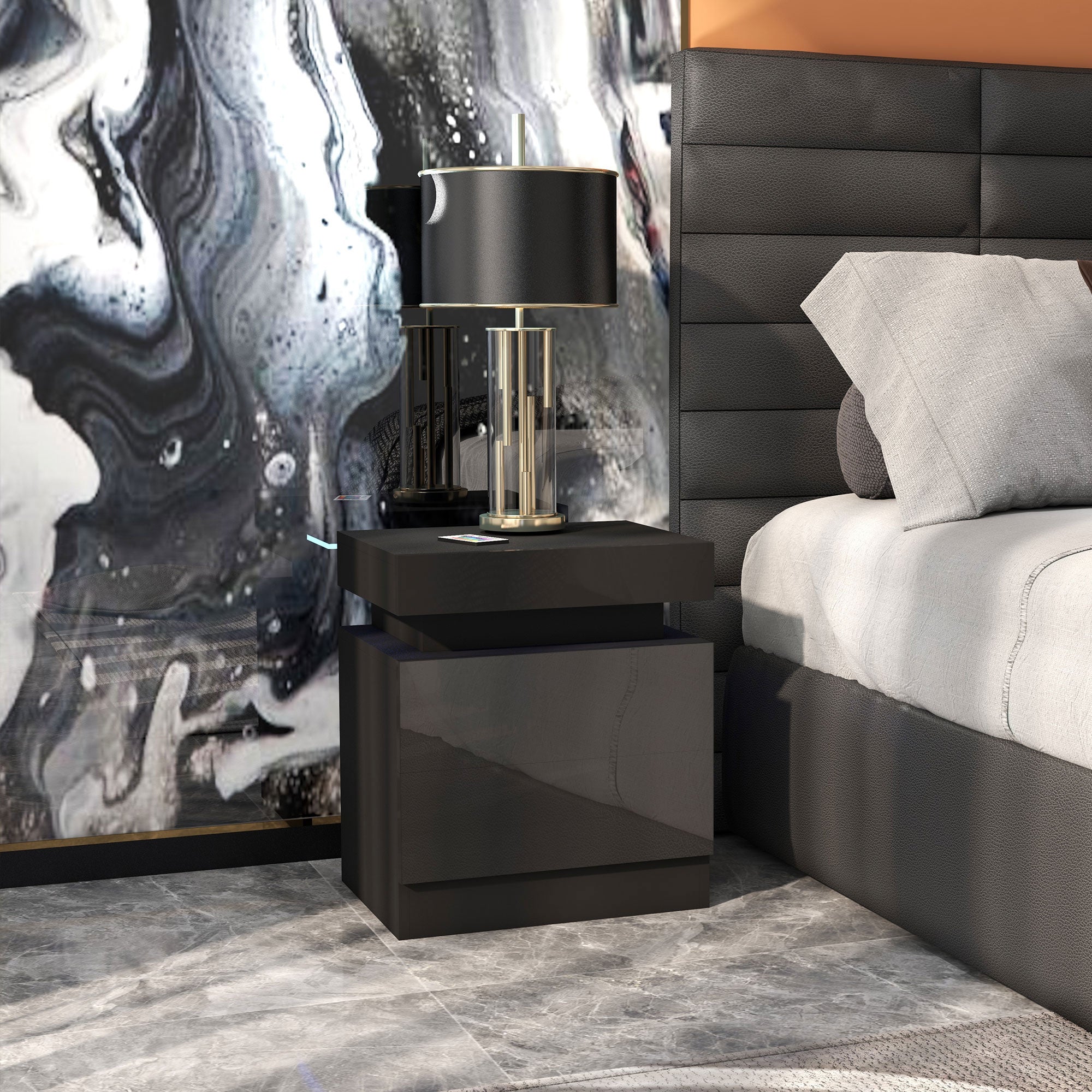 HOMCOM High Gloss Front Bedside Tables Set of 2, Nightstands with RGB LED Light and 2 Drawers, Chest of Drawers for Bedroom, Living Room, Black 