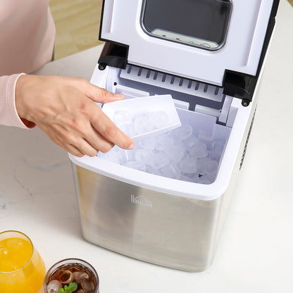 HOMCOM Ice Maker Machine, Counter Top Ice Cube Maker for Home, 9 Ice Cubes per 8 Minutes, 1.8L with Self Cleaning Function, Scoop and Basket Stainless Steel No Plumbing Required Black 