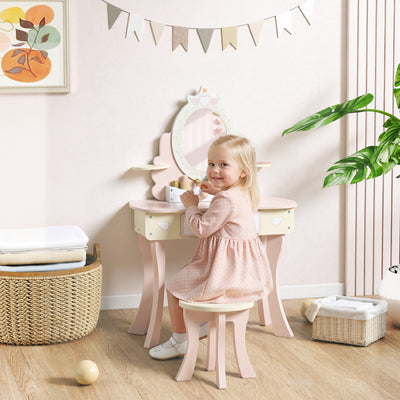 AIYAPLAY Kids Dressing Table, Girls Vanity Set with Mirror and Stool, 7 Play Accessories, Drawer, Desktop Storage, Pink 