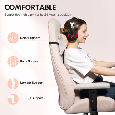 HOMCOM Fabric Gaming Chair with Lumbar Support, Headrest - Pale Pink 