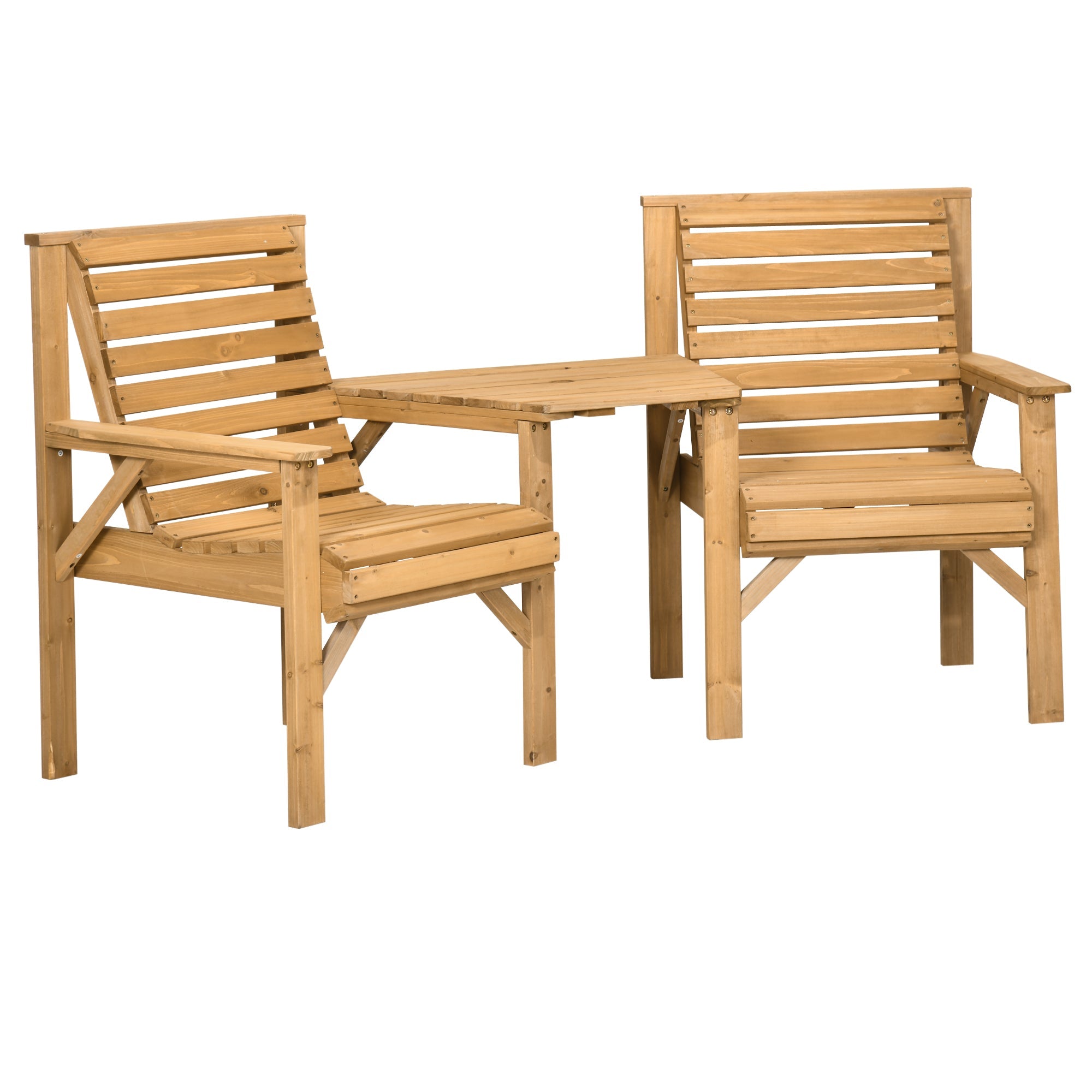 Outsunny Wooden Garden Love Seat, 2 Seater Jack & Jill Companion Seat with Coffee Table and Parasol Hole, Partner Bench, Table and Chairs Set, Outdoor Furniture for Garden, Balcony, Patio, Brown 
