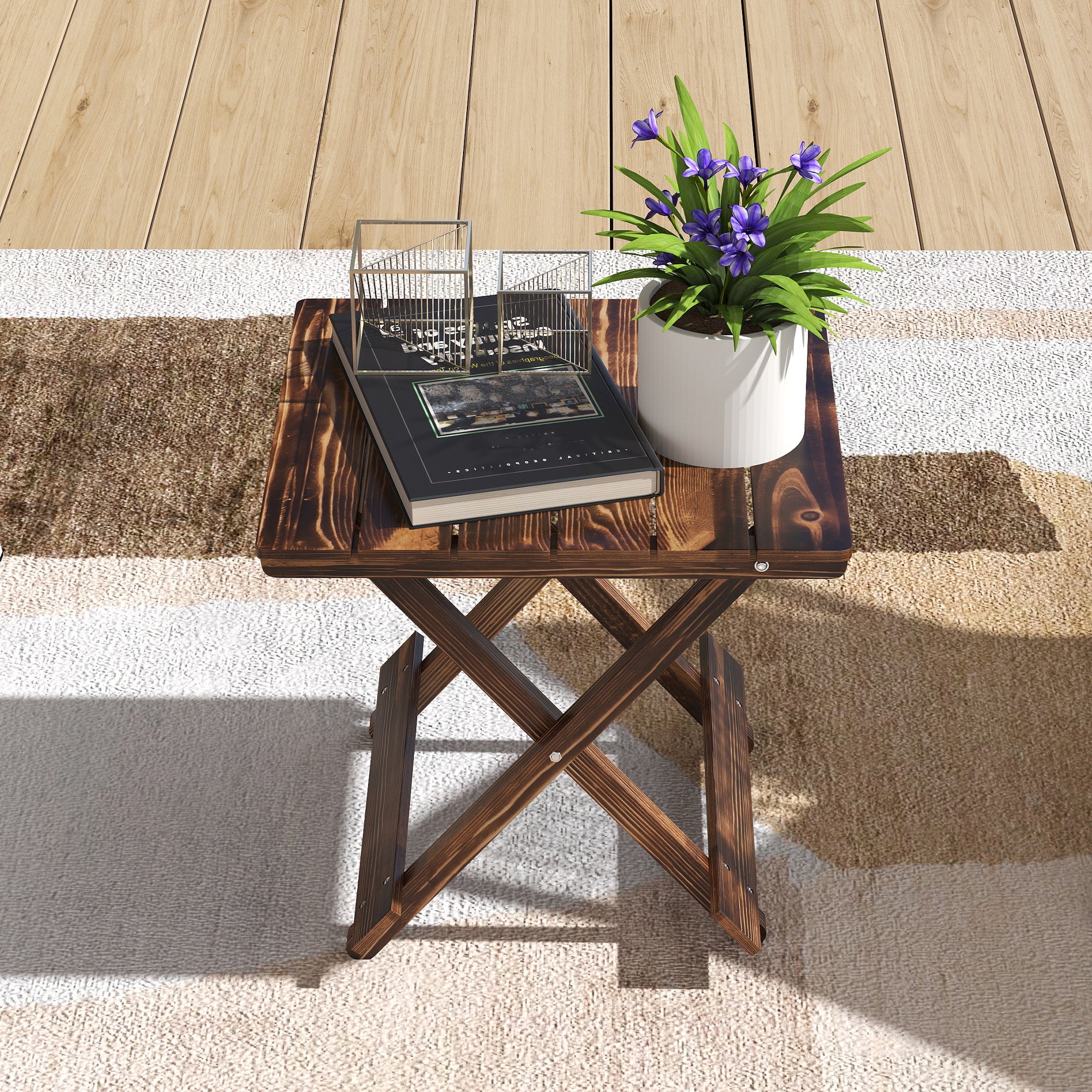 Outsunny Fir Wood Folding Coffee Table, Lightweight Small Garden Table with Slatted Top, Portable Folding Side Table for Balcony 