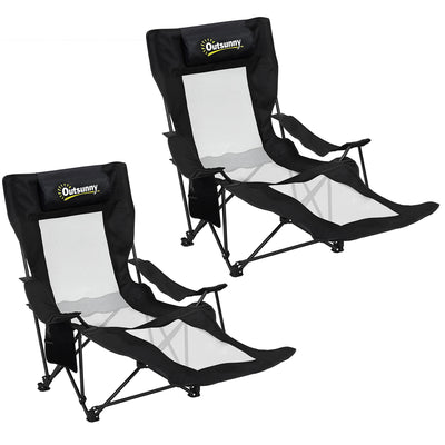 Outsunny Camping Chair Reclining Portable Camp Chair with Detachable Footrest Cup Holder Black 