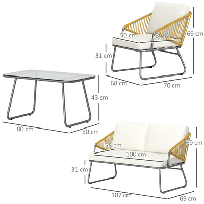 Outsunny 4 Piece Rattan Garden Furniture Set, Wicker Patio Outdoor Furniture Set with Loveseat, Armchairs, Glass Top Coffee Table and Cushions for Patio, Conservatory, Balcony, Natural Wood Finish 