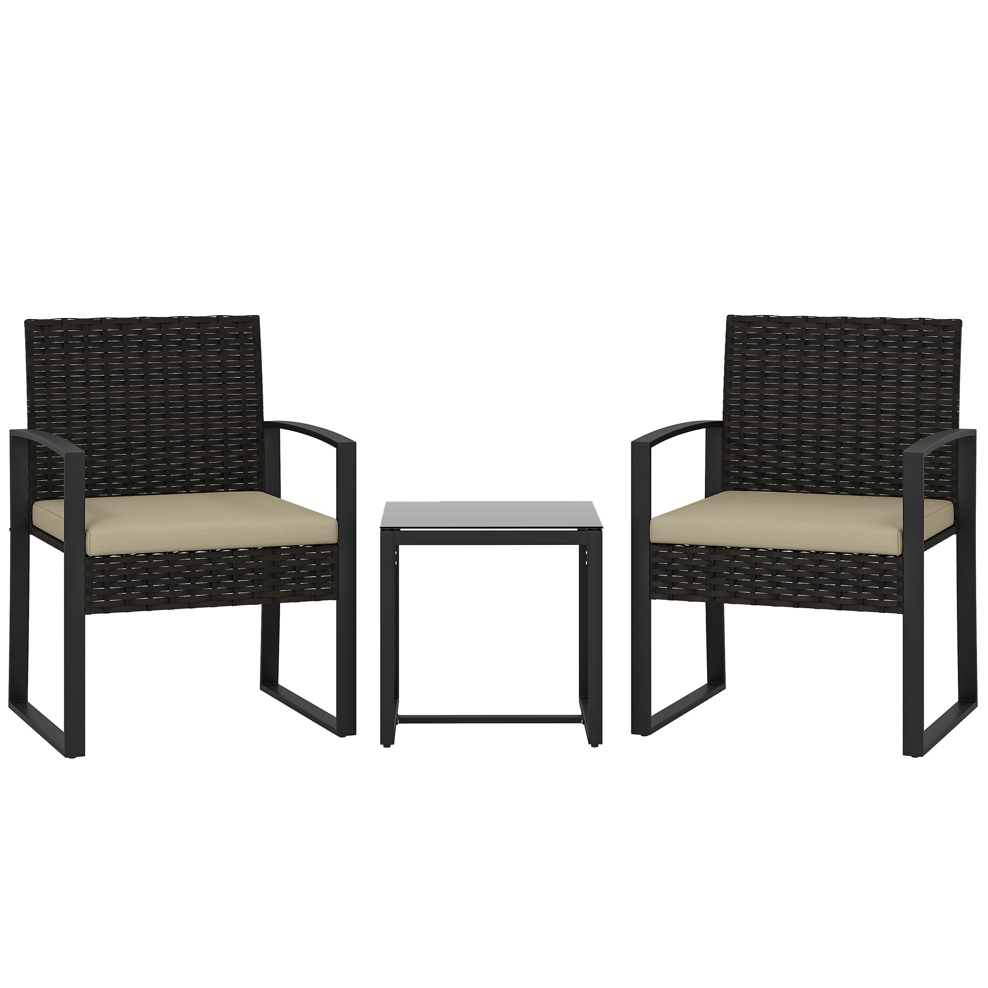 Outsunny Rattan Bistro Set, 3 Piece Garden Furniture Set with Glass Top Table and Cushions, Khaki 
