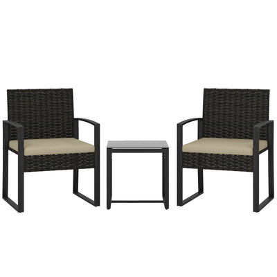 Outsunny Rattan Bistro Set, 3 Piece Garden Furniture Set with Glass Top Table and Cushions, Khaki 