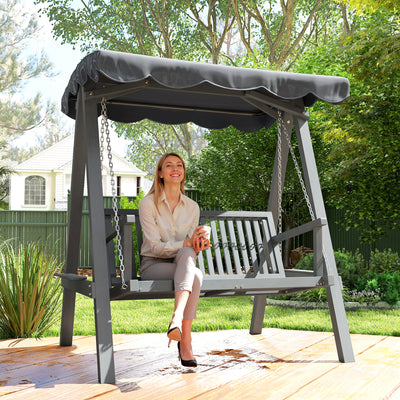 Outsunny 2 Seater Garden Swing Seat with Canopy, Wooden Swing Chair, Outdoor Hammock Bench for Balcony Patio Porch, Grey 