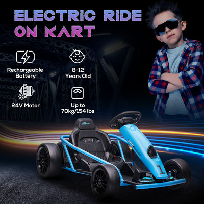 HOMCOM 24V Drift Kart, Electric Ride-On Racing Go Kart w/ 2 Speeds, Steering Wheel, Pedals for Kids Aged 8-12, Blue 