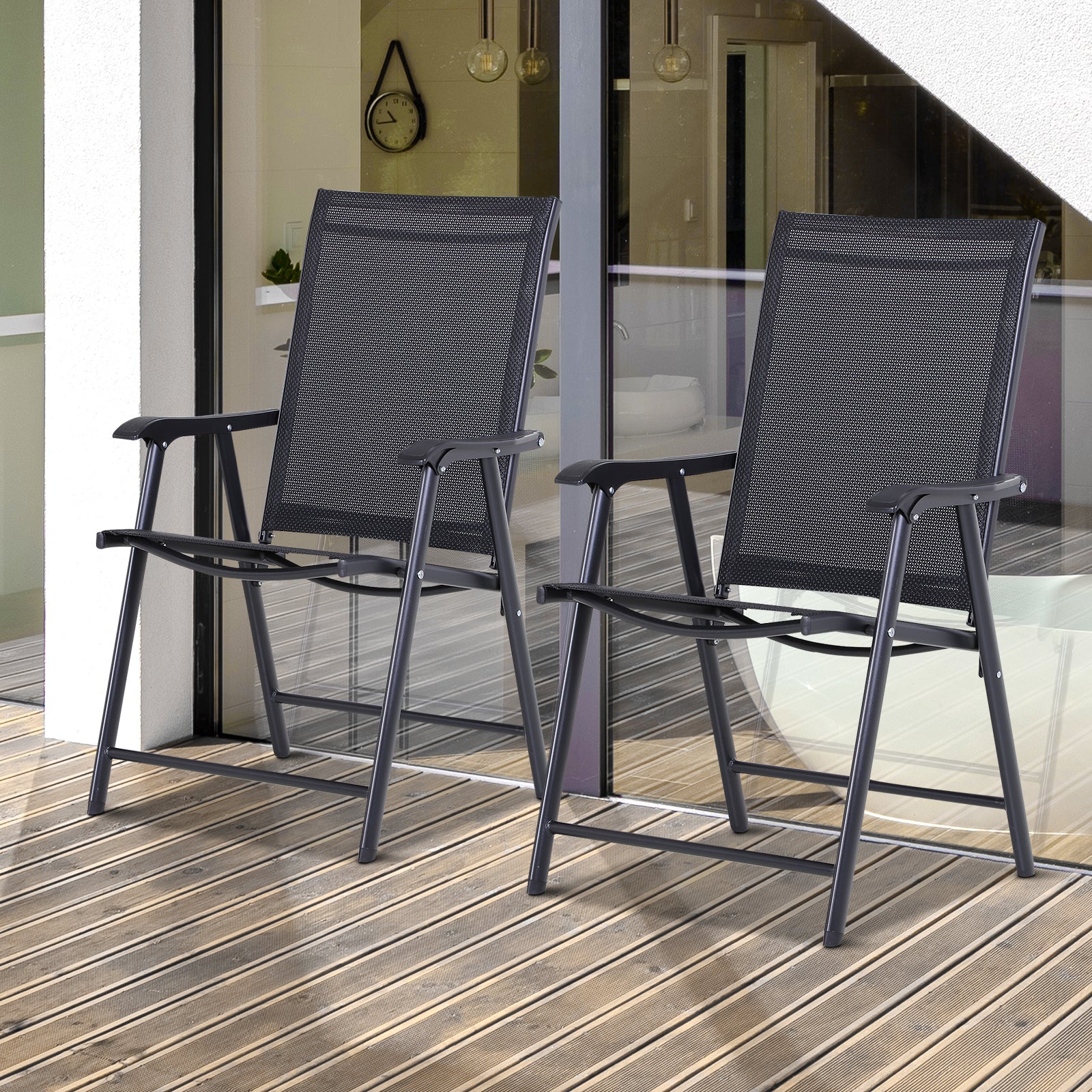 Outsunny Steel Frame Set of 2 Foldable Outdoor Garden Chairs Black 
