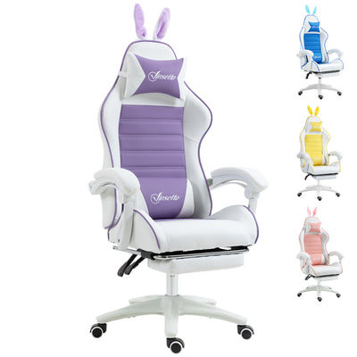 Vinsetto Racing Gaming Chair, Reclining PU Leather Computer Chair with Removable Rabbit Ears, Footrest, Headrest and Lumber Support, Purple 