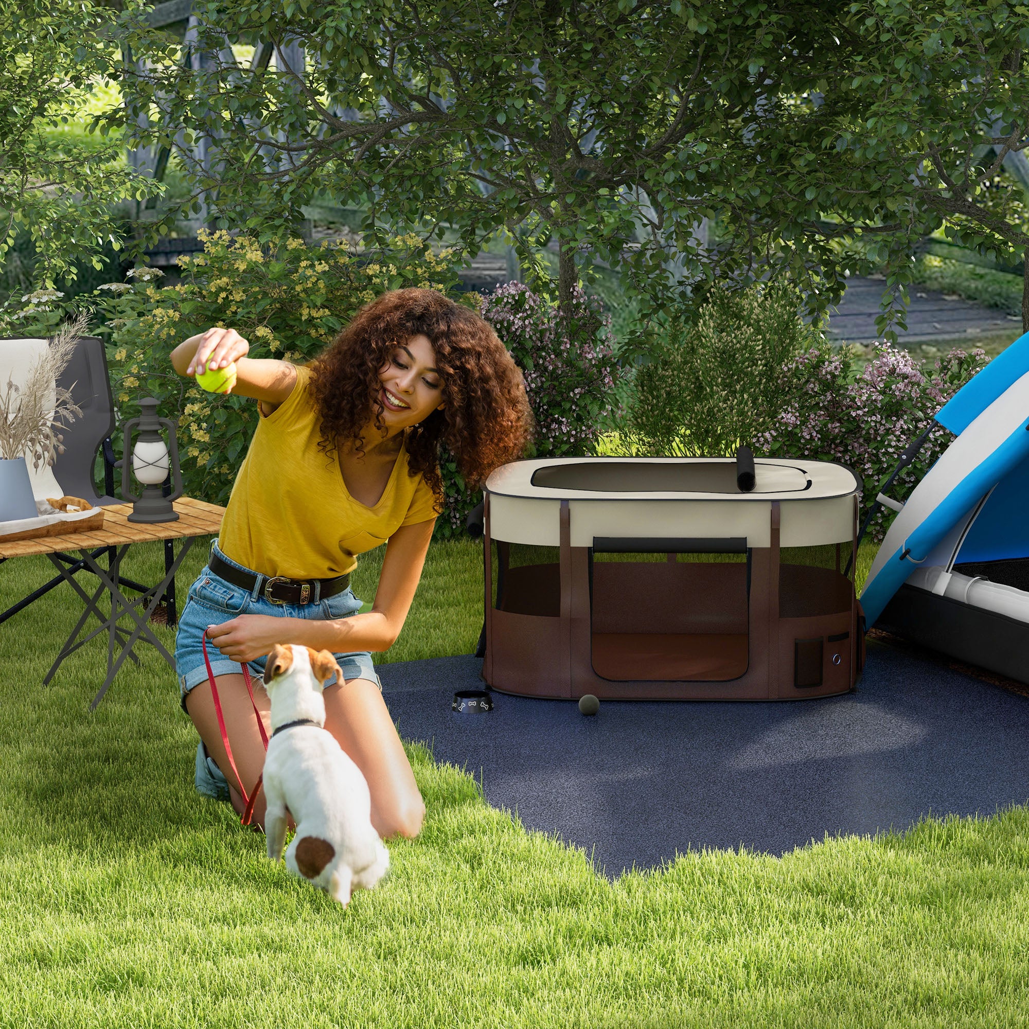 PawHut Foldable Dog Pen with Storage Bag for Indoor/Outdoor Use, Portable Pet playpen, with Ground Stakes - Brown 