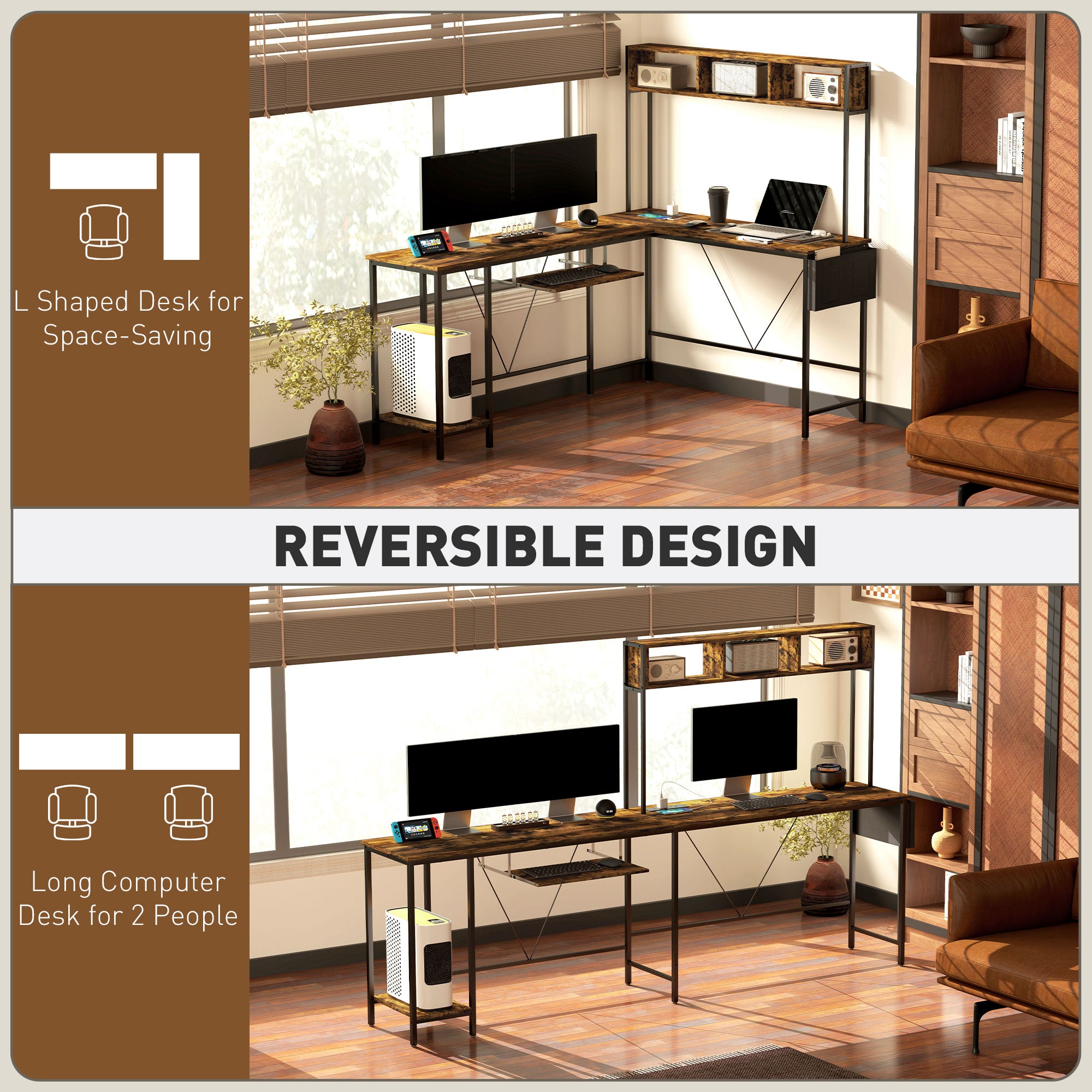 HOMCOM 160cm Reversible L Shaped Desk with Power Outlet, Industrial Corner Desk with Storage Shelves and Keyboard Tray, 240cm Long Computer Desk for 2 Person, Rustic Brown
