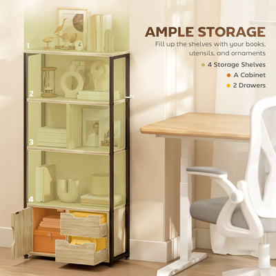 HOMCOM 4-Tier Bookcase, Bookshelf with 1 Cabinet and 2 Drawers for Living Room, Bedroom, Study, Natural Wood