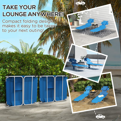 Outsunny Foldable Sun Lounger Set of 2 with Reading Hole, Portable Sun Lounger with 5 Level Adjustable Backrest, Reclining Lounge Chair with Side Pocket, Headrest Pillow, Blue 
