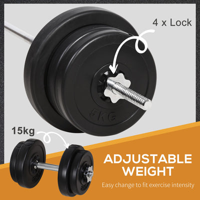 HOMCOM Dumbbell and Barbell Set with 65kg Adjustable Barbell Weights Set, for Home Gym - Black 