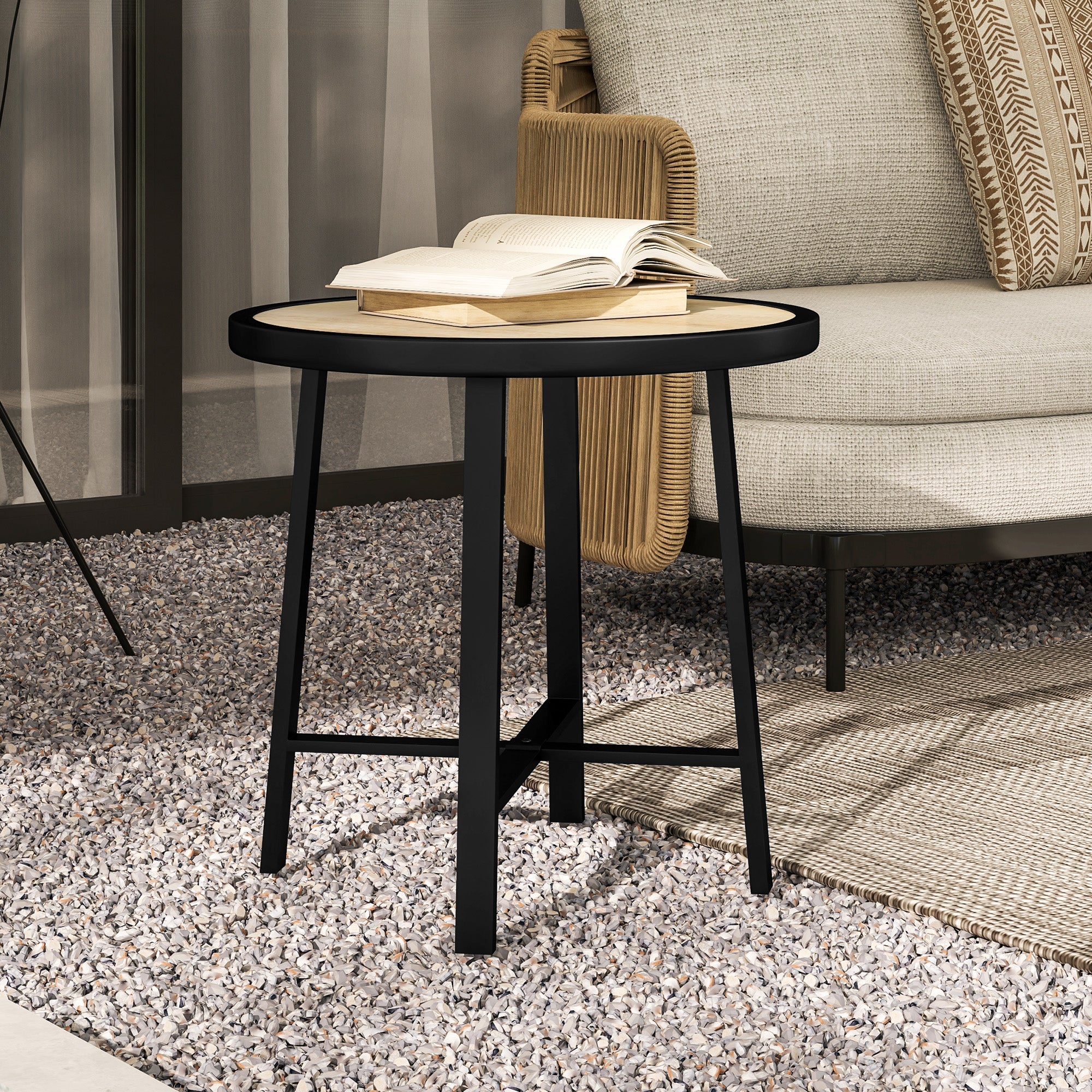 Outsunny Round Small Garden Table, 50.5cm Outdoor Side Table with SPC Tabletop, Metal Frame and Anti-slip Foot Pads for Garden, Balcony, Nature Wood Finish 