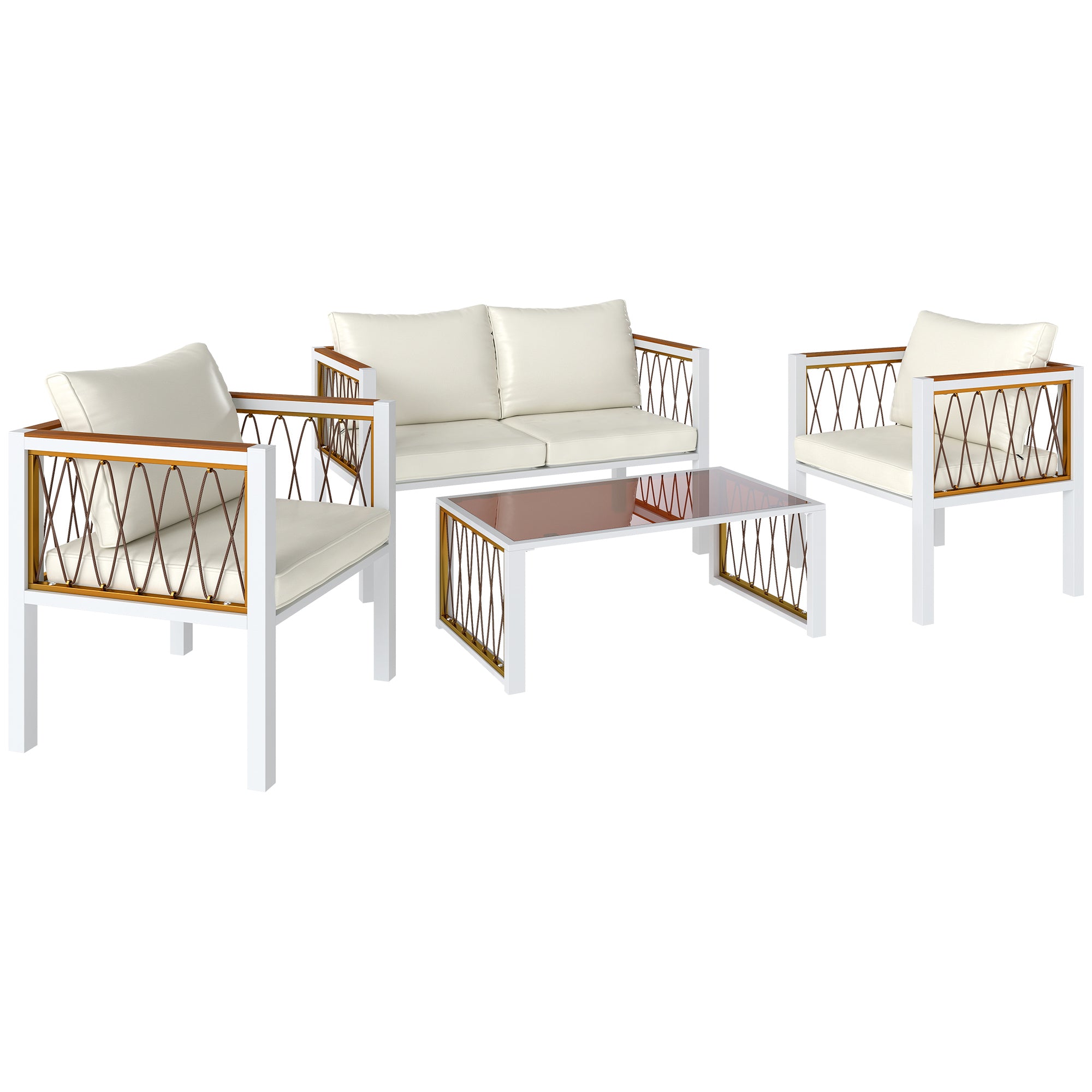 Outsunny 4 Piece Rattan Garden Furniture Set with Loveseat, 2 Armchairs, Table, Metal Frame Patio Conversation Set, Cream White 