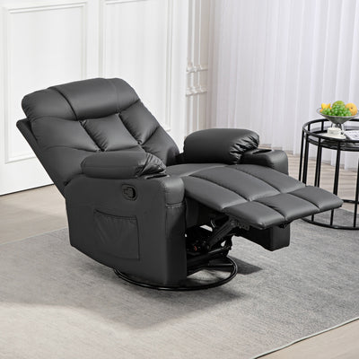 HOMCOM Manual Reclining Chair, Recliner Armchair with Swivel, Faux Leather, Footrest, Cup Holders, 86x93x102cm, Black 