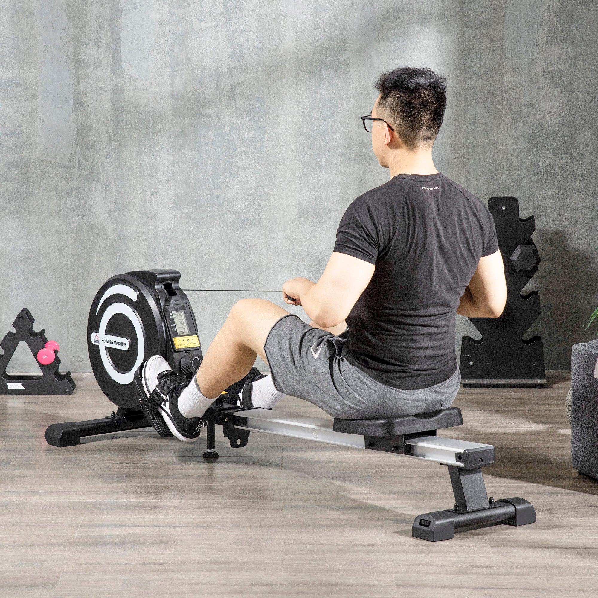 HOMCOM Indoor Body Health & Fitness Adjustable Magnetic Rowing Machine Rower with LCD Digital Monitor & Wheels for Home, Office, Gym 
