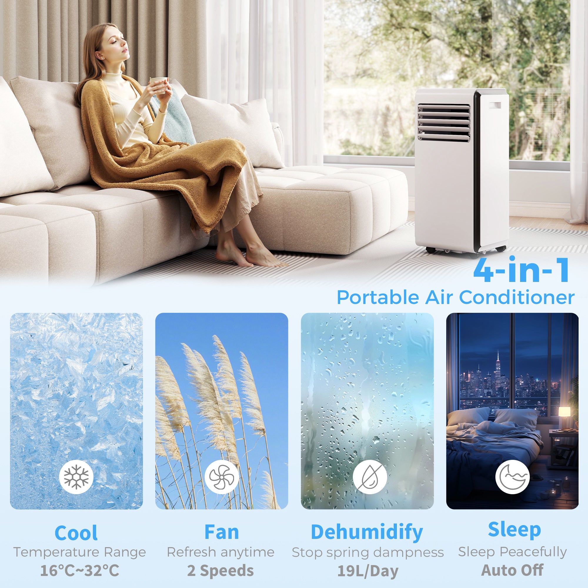 HOMCOM Portable Air Conditioner 7000 BTU, 4-in-1 Air Conditioning Unit with Cooling, Dehumidifier, Fan, Sleep Mode, White 