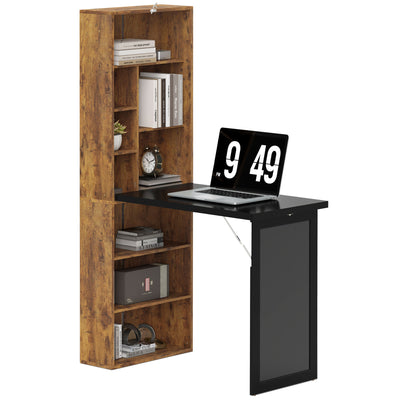 HOMCOM Folding Desk with Blackboard Multi-function Computer Office Workstation Side Shelf for Home Office, Rustic Brown 