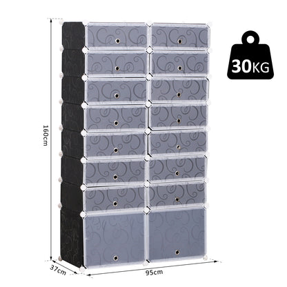 HOMCOM 16 Cube Shoe Rack, 2 x 8 Tier Shoe Storage Cabinet, Modular Plastic Shelves for Bedroom, Living Room and Entryway, Space Saving Footwear Organizer, 32 Pairs, White and Black 