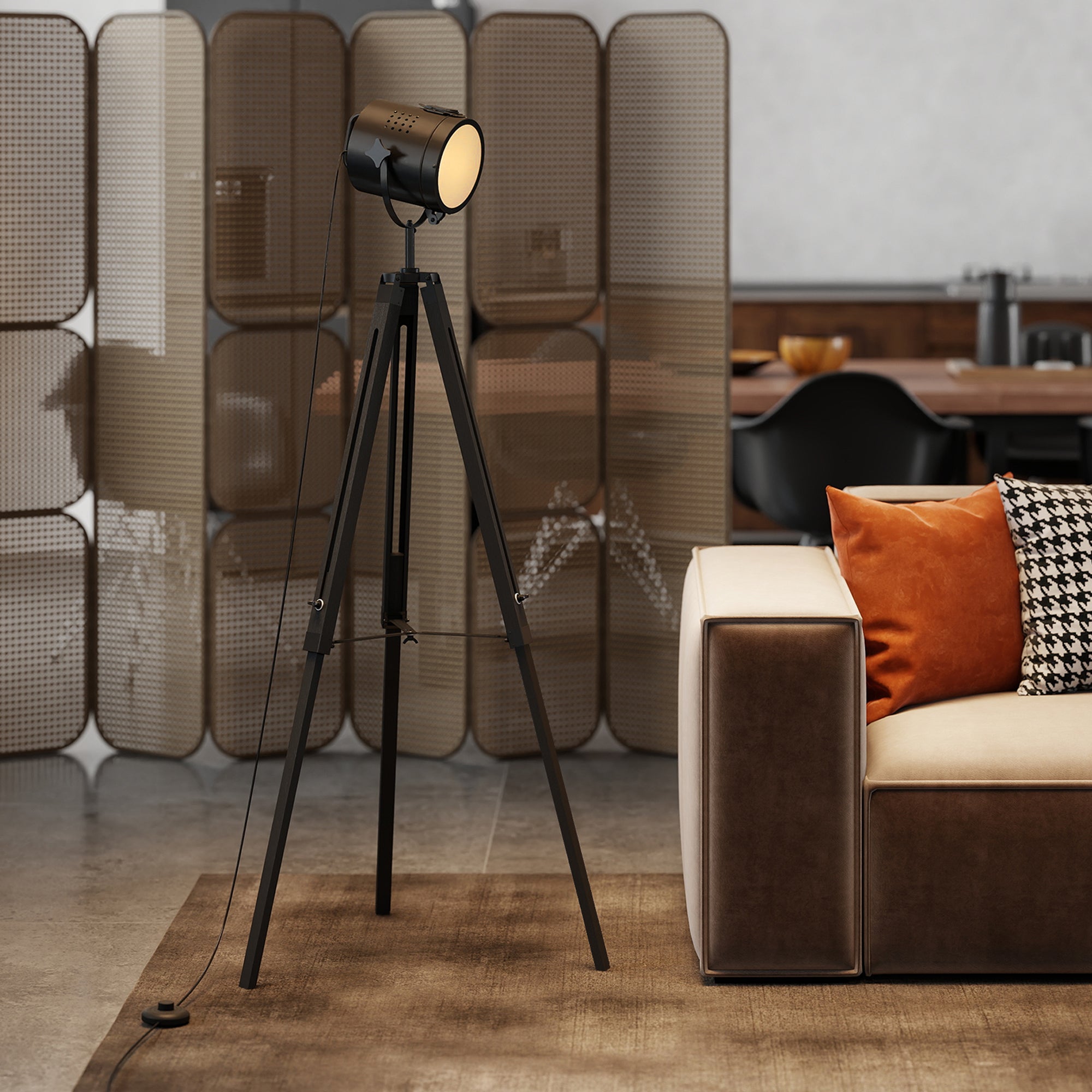 HOMCOM Industrial Tripod Floor Lamp, Nautical Searchlight with Adjustable Height, Wood Legs, E14 Lamp Base for Living Room, Bedroom, Black