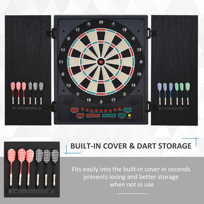 HOMCOM Electronic Dartboard Set, 27 Games Modes and 202 Variations, LED & 12 Soft Tip Darts and Cabinet to Storage, Ready-to-Play Multi-Game Option Darts Machine 