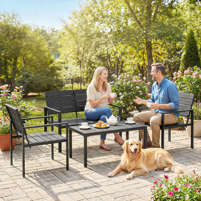 Outsunny 4 Piece Garden Furniture Set, Outdoor Sofa Set with HDPE Slatted Loveseat Armchairs Coffee Table Metal Frame, Black 