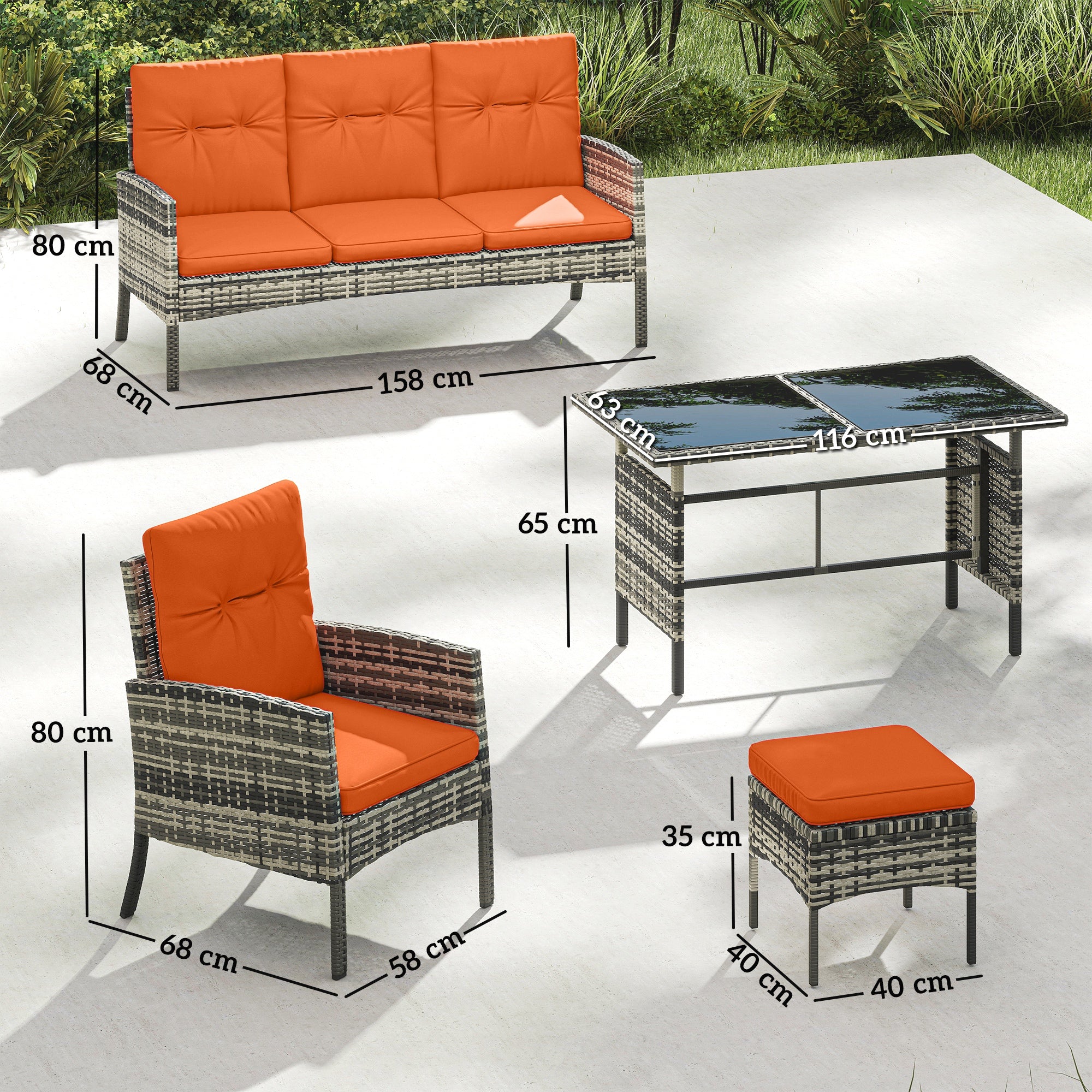 Outsunny 6 Pieces Rattan Garden Furniture Set with Dining Table and Cushions, Orange 