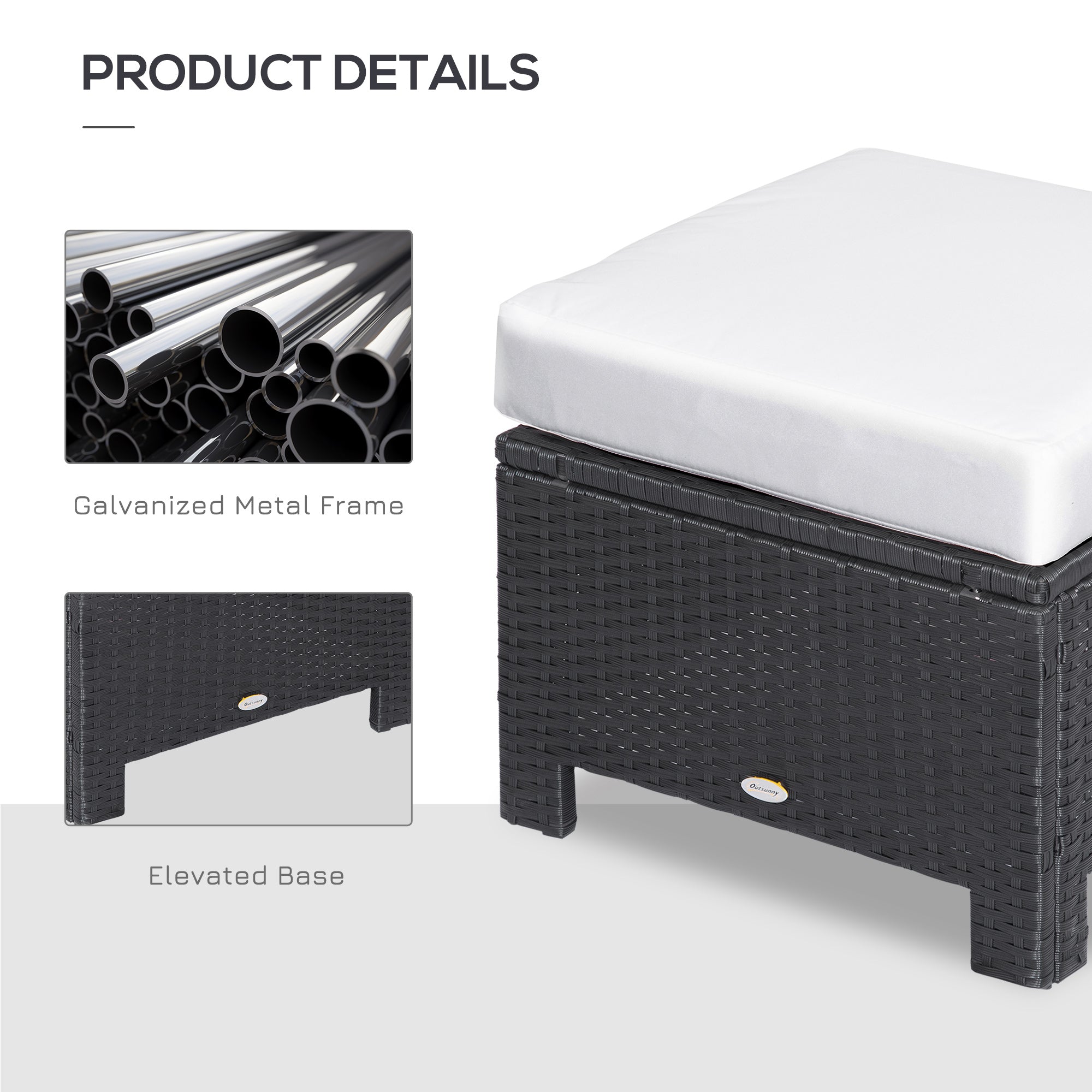 Outsunny Rattan Footstool Wicker Ottoman with Padded Seat Cushion Outdoor Patio Furniture for Garden Poolside Living Room, 50 x 50 x 35 cm, Black 