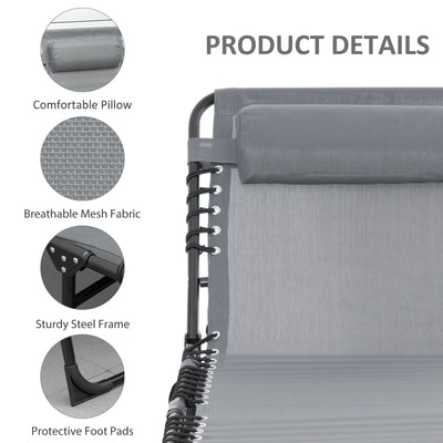 Outsunny Portable Sun Lounger Set of 2, Folding Camping Bed Cot, Reclining Lounge Chair 5-position Adjustable Backrest with Side Pocket, Pillow for Patio Garden Beach Pool, Grey 