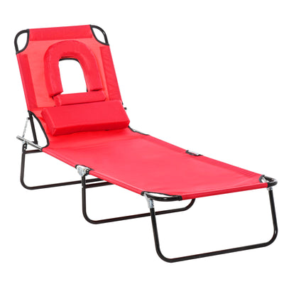 Outsunny Foldable Outdoor Sun Lounger Adjustable Backrest Reclining Chair with Pillow and Reading Hole Garden Beach, Red 