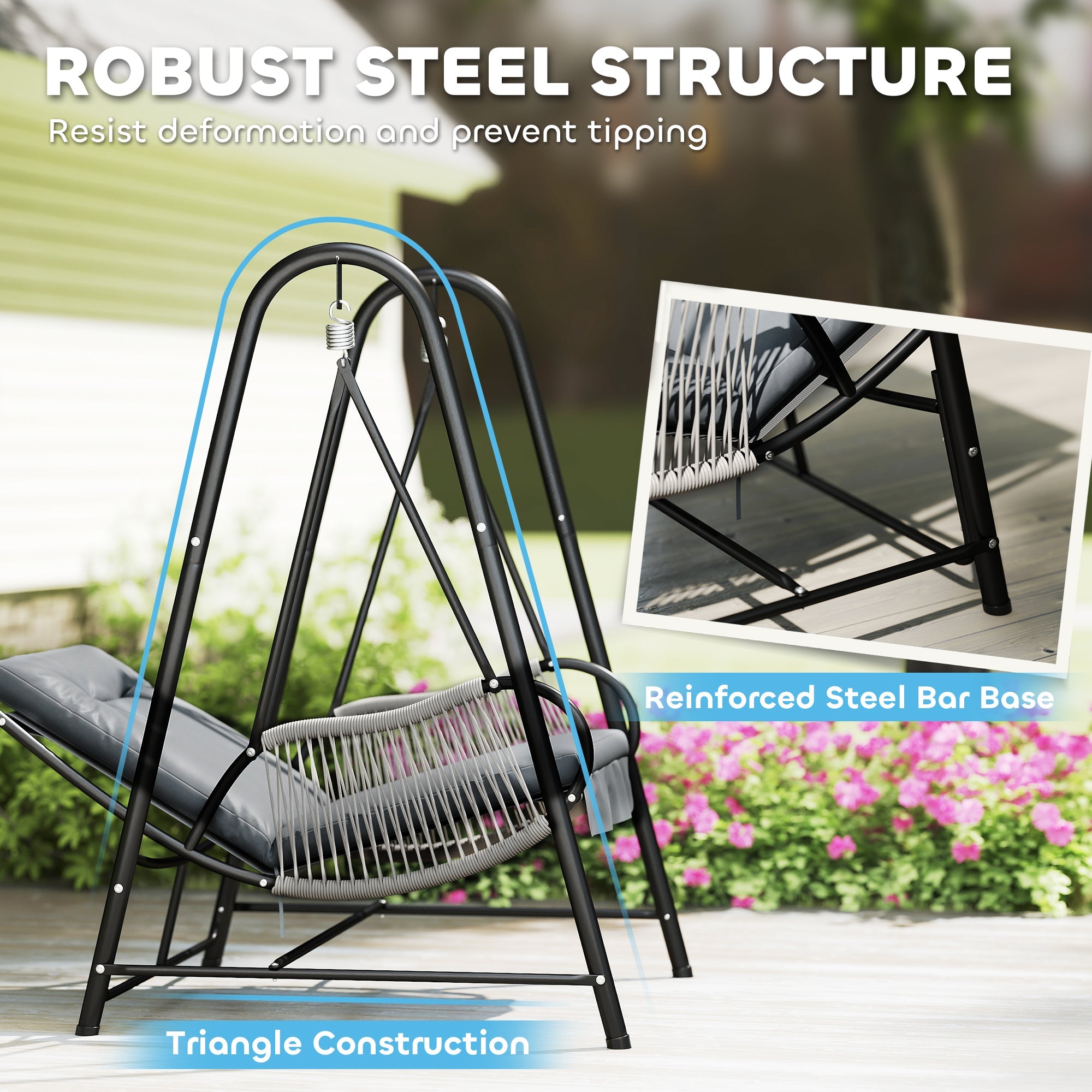 Outsunny Rattan Swing Chair, Outdoor Garden Hanging Swing Seat with Stand and Seat Cushion, Porch Hanging Chair for Balcony, Garden, Deck, Light Grey 