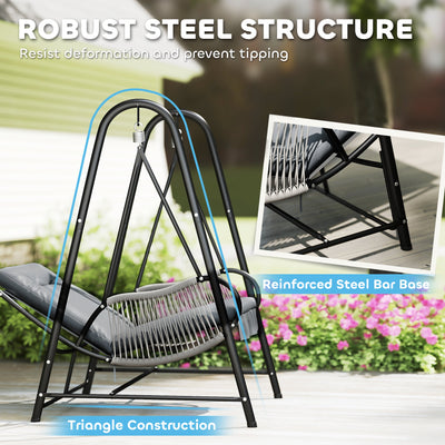 Outsunny Rattan Swing Chair, Outdoor Garden Hanging Swing Seat with Stand and Seat Cushion, Porch Hanging Chair for Balcony, Garden, Deck, Light Grey 