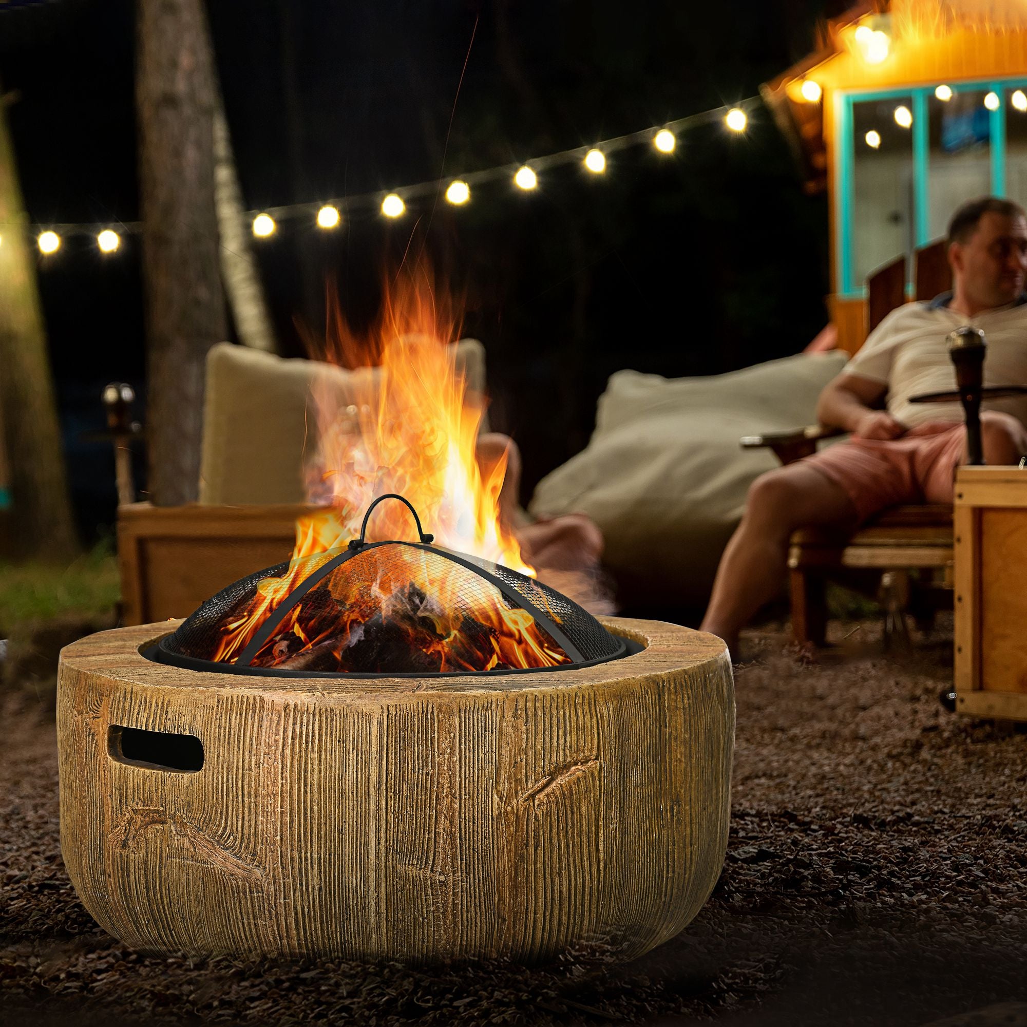 Outsunny Outdoor Fire Pit, 61.5 cm Metal Wood Burning Fireplace with Spark Cover, Poker, Woodgrain Design 