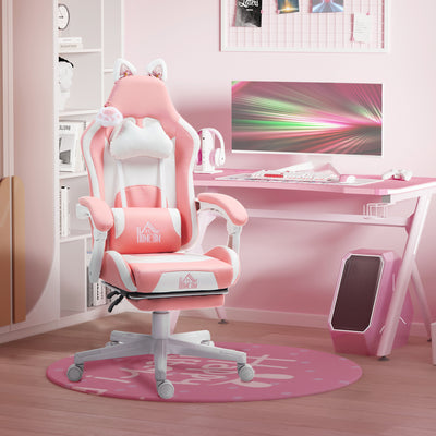 HOMCOM Cat Ear and Paw Reclining Office Chair, with Footrest - Pink/White 