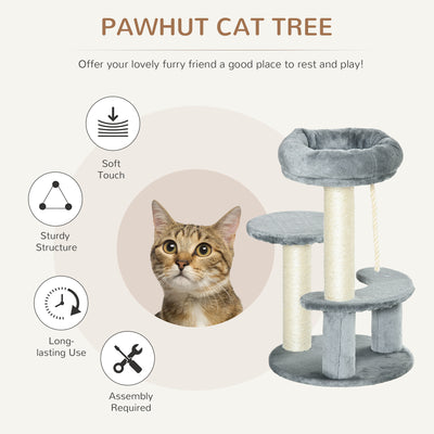 PawHut 65cm Cat Tree, Cat Tower for Kittens, Small Cat Condo with Sisal Scratching Posts, Hanging Rope, Perches - Grey 