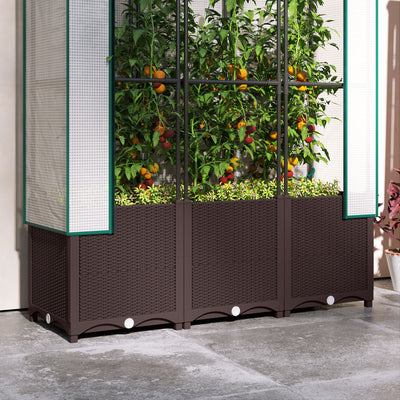 Outsunny Raised Garden Bed with Trellis, Plastic Planter Box with Drainage Holes and Drain Plugs for Climbing Plants, Vegetables, Flowers, 120 x 40 x 140 cm 