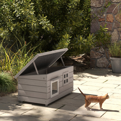 PawHut Wooden Outdoor Cat House, Elevated Cat Shelter Kennel, Pet Play House with Openable Top, Asphalt Roof, Window, Grey 