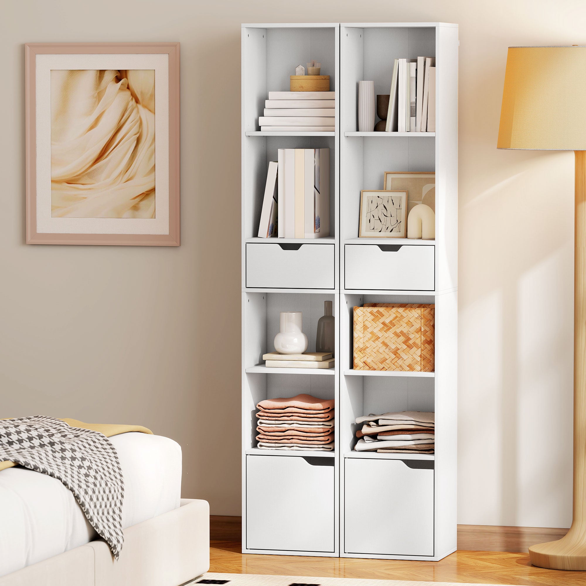 HOMCOM 6-Tier Bookcase, Tall Narrow Bookshelf with Drawer and Door - White 