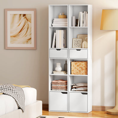 HOMCOM 6-Tier Bookcase, Tall Narrow Bookshelf with Drawer and Door - White 