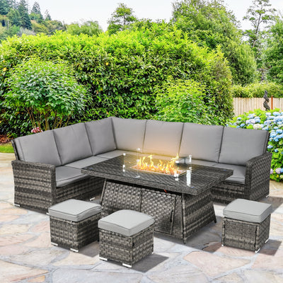 Outsunny Seven-Piece Firepit Table Rattan Sofa Set - Grey 