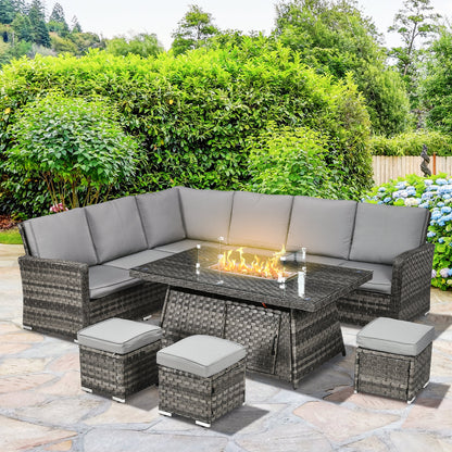 Outsunny Seven-Piece Firepit Table Rattan Sofa Set - Grey