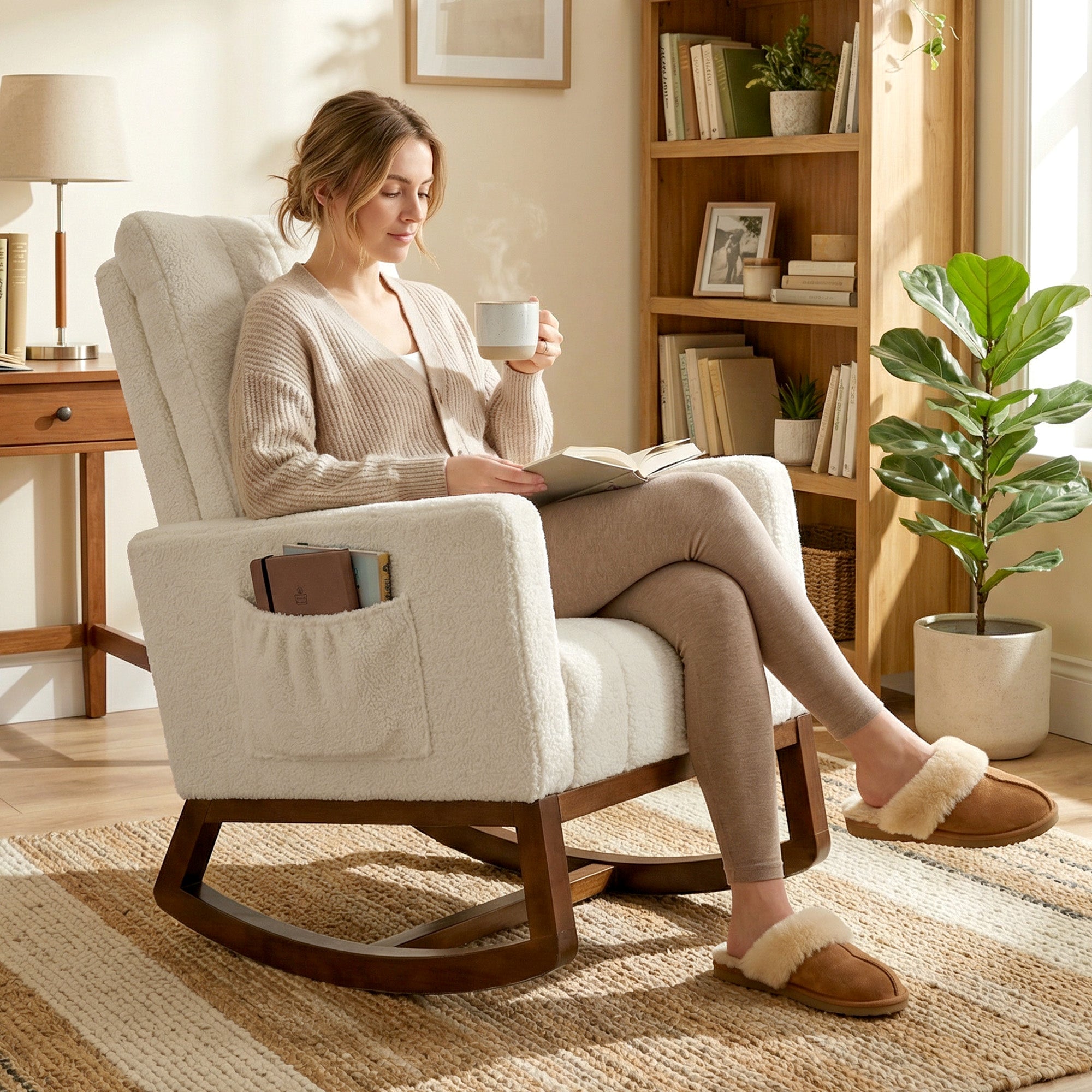 HOMCOM Rocking Chair for Adults, Lounge Rocker Chair with Lumbar Pillow, High Back, Wood Base, Side Pockets, Cream White 